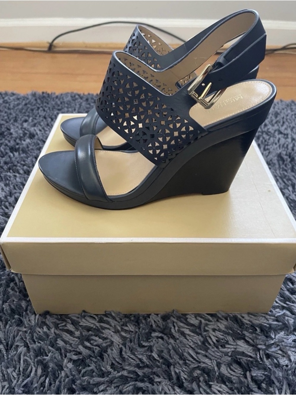 Michael Kors Sonya Wedges Sandals, Navy Blue-Size:7.5M